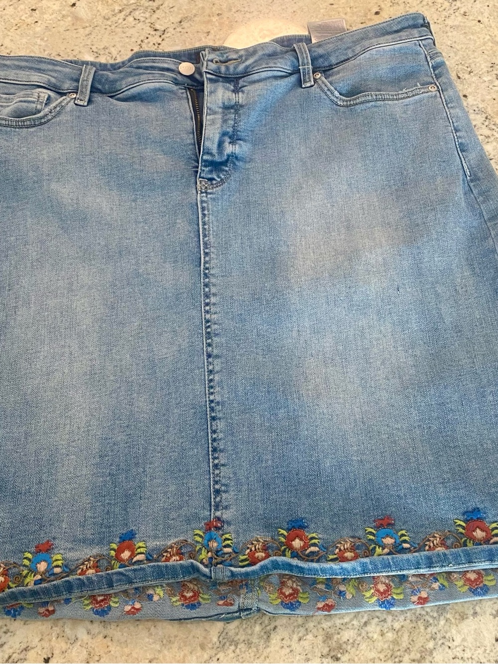NYDJ Light Blue Denim Skirt with Floral Hem Embroidery